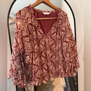 LC Lauren Conrad Burgundy and Cream Floral Blouse